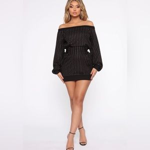 Black and Rhinestone off shoulder Mini Dress